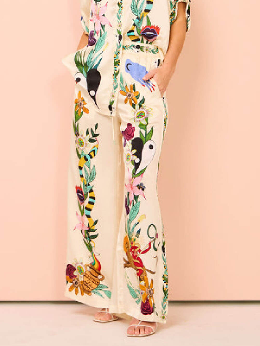 Elegant Satin Wide-Leg Pants with Artistic Print and Elastic Waist