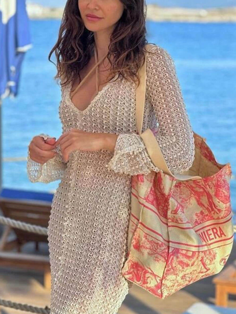 White Knit V-Neck Beach Maxi Dress