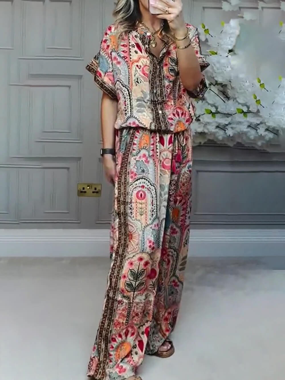 Bohemian Print Wide-Leg Pants with Tassel Accents and Elastic Waist
