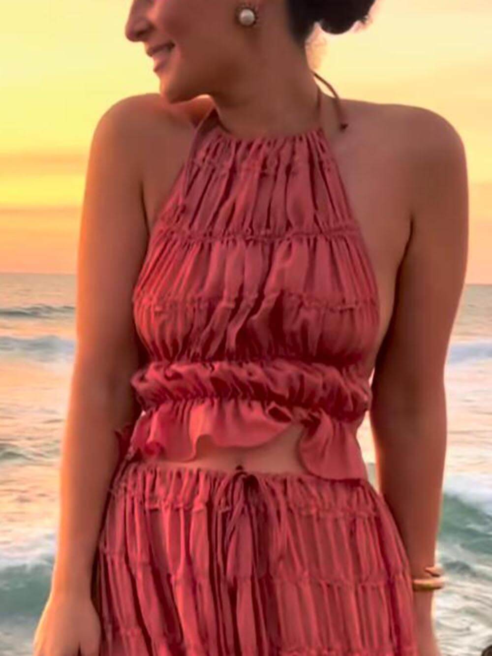 Elegant Pleated Tiered Maxi Skirt with Adjustable Drawstring Waist