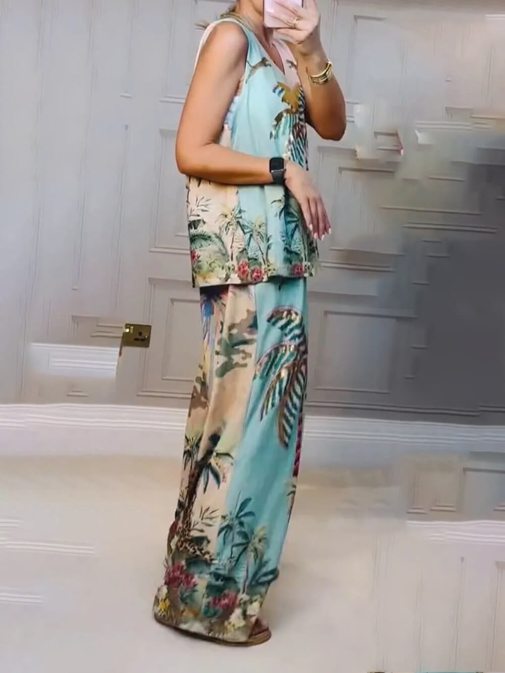 Tropical Palm Print Wide-Leg Pants with Comfortable Elastic Waist