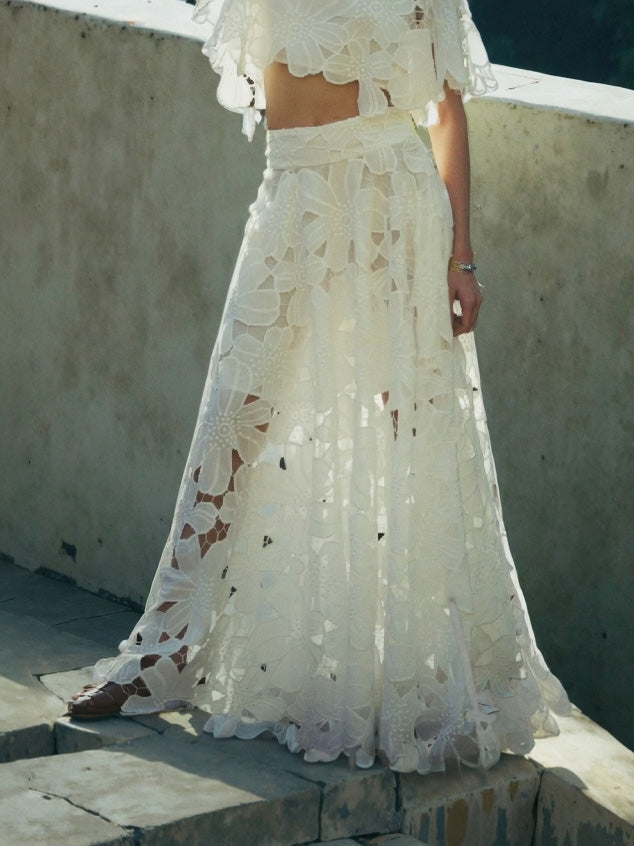 White Romantic Floral Lace Maxi Skirt with Delicate Hollow Detailing