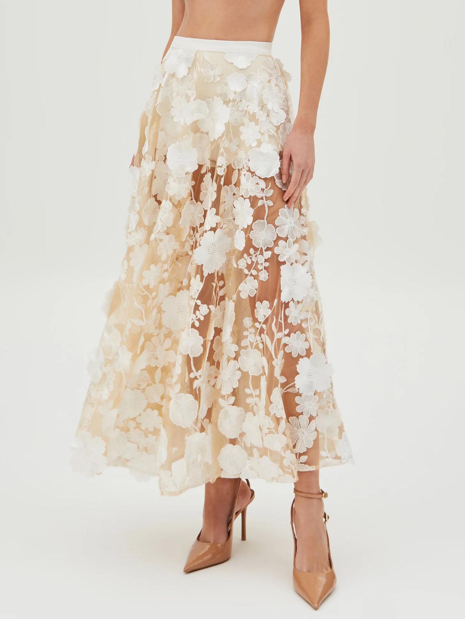 Elegant Sheer Maxi Skirt with Delicate Floral Embroidery