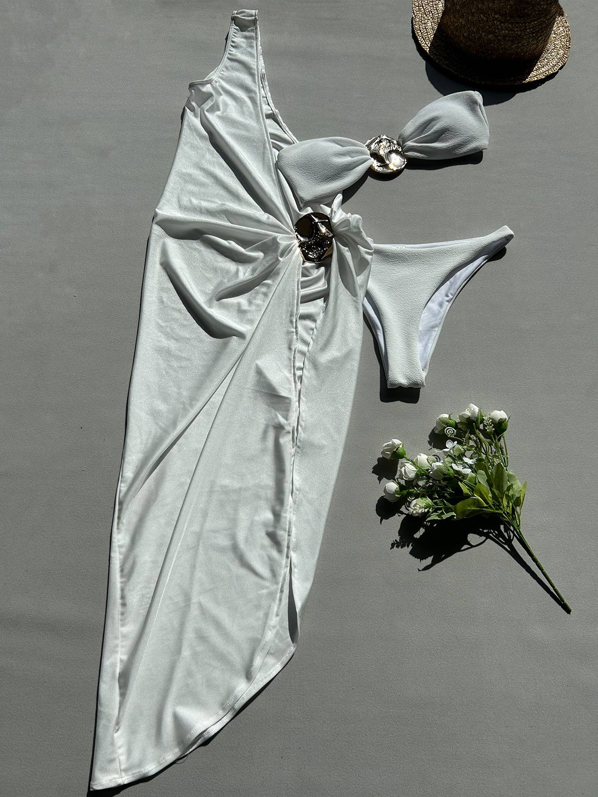 White Asymmetrical Bikini Dress Set