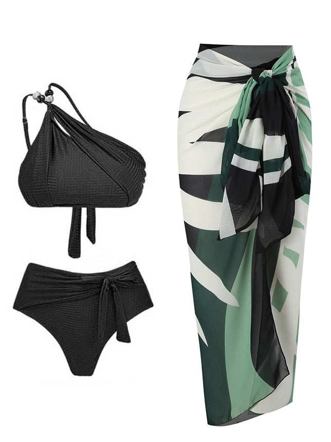 One-Shoulder Beaded Bikini High Waist Two-Piece Set