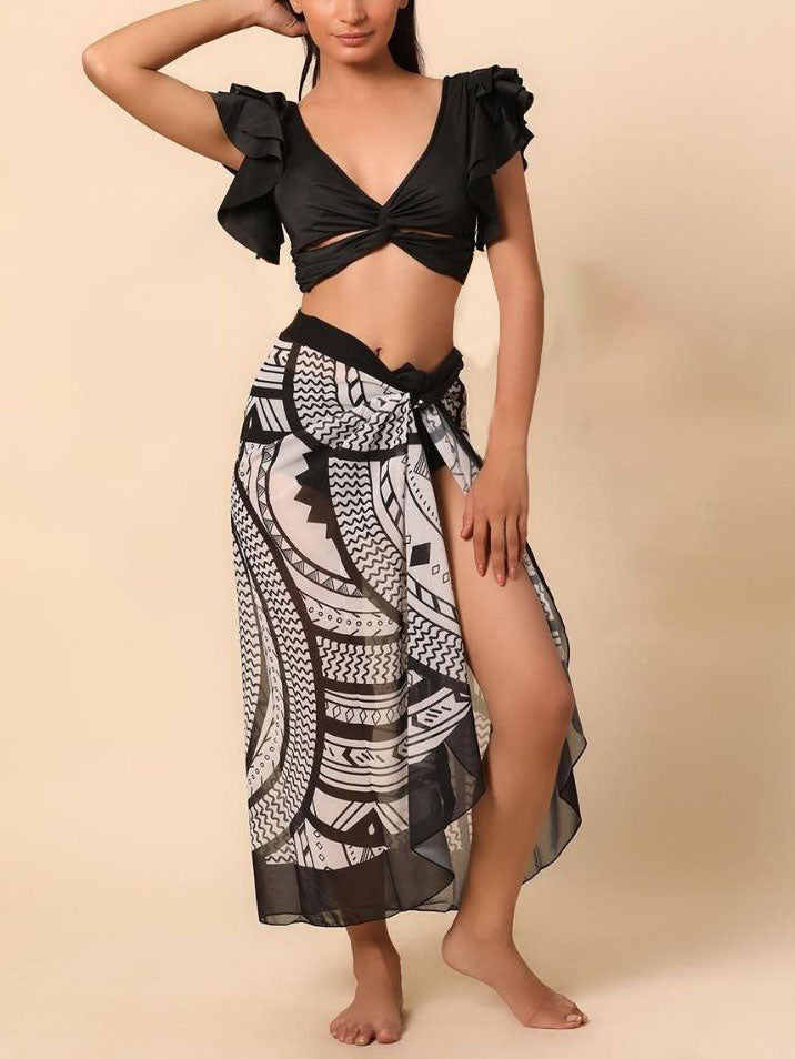 Black Printed Three-Piece Bikini Set with Cover-Up Skirt