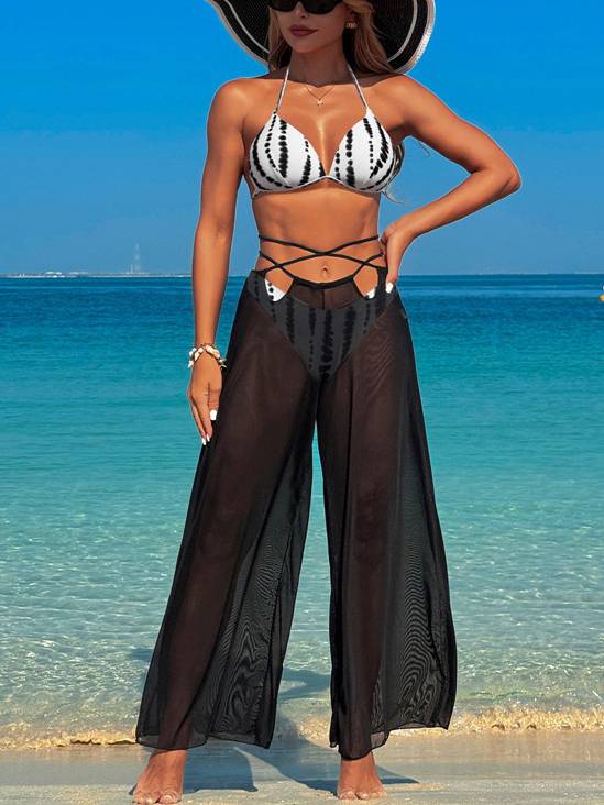 Bikini with Sheer Wide Leg Pants Three-Piece Set