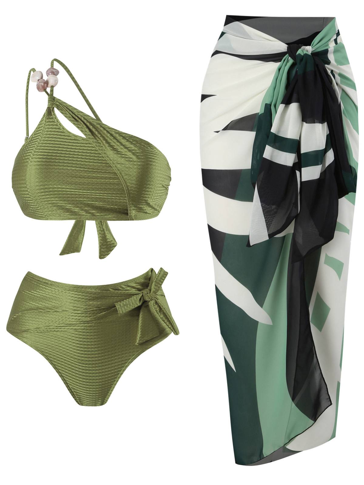 One-Shoulder Beaded Bikini High Waist Two-Piece Set