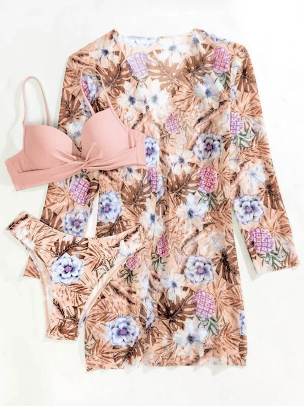 Floral Printed Three-Piece Swimsuit with Cover-Up
