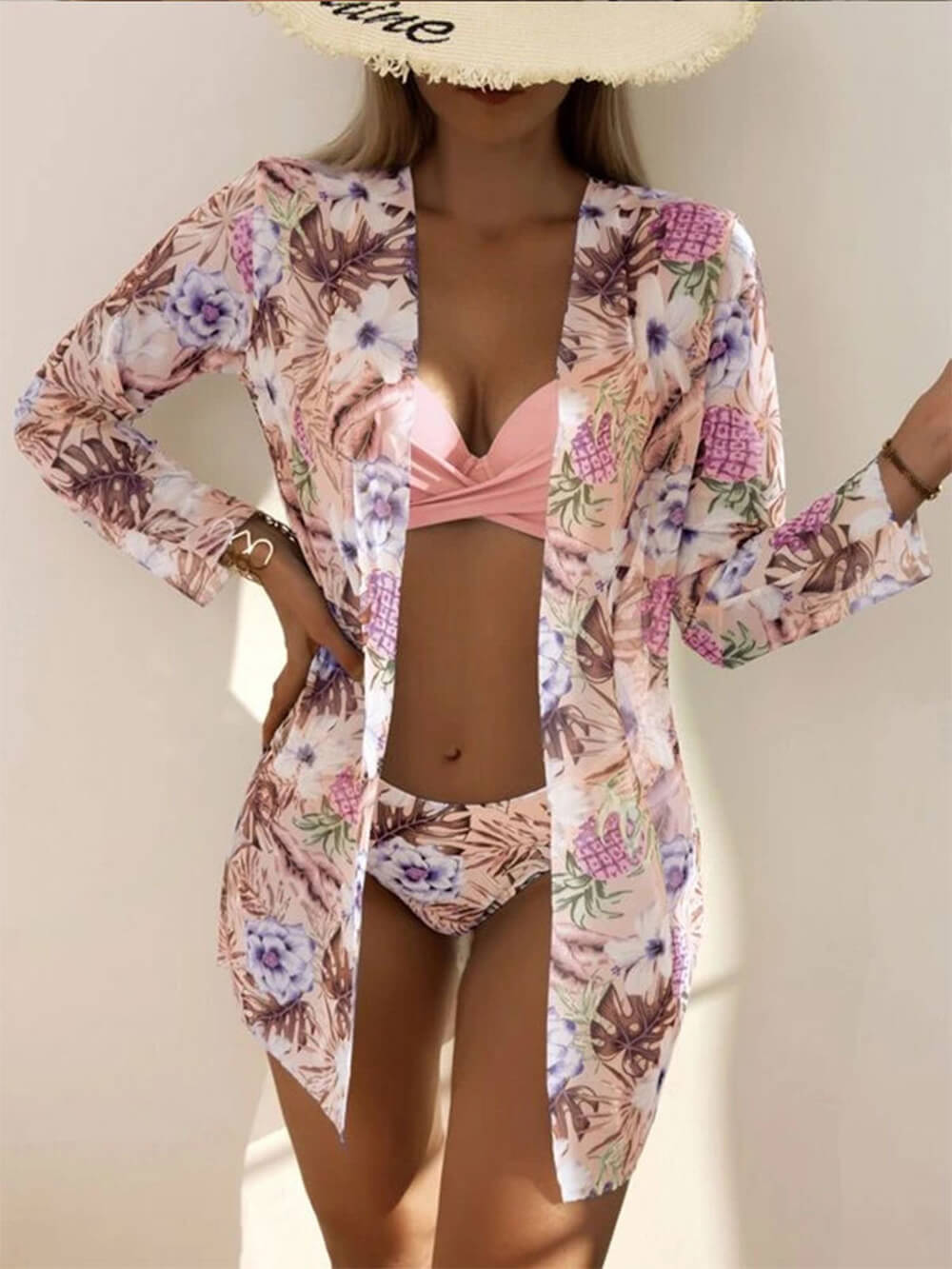 Floral Printed Three-Piece Swimsuit with Cover-Up