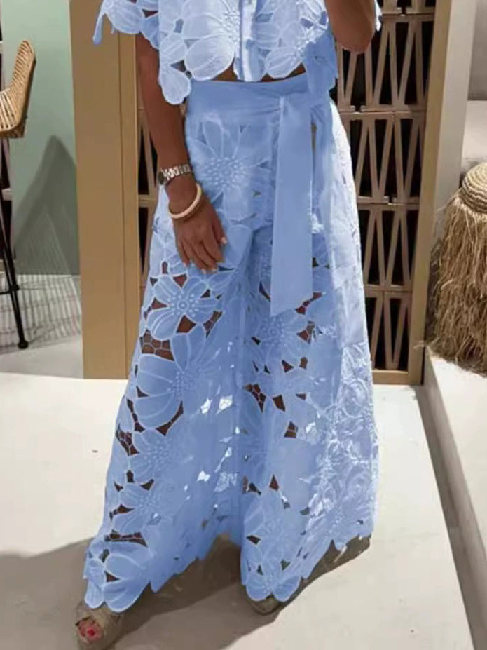 Elegant Floral Lace Wide-Leg Pants with Delicate Embroidered Detailing