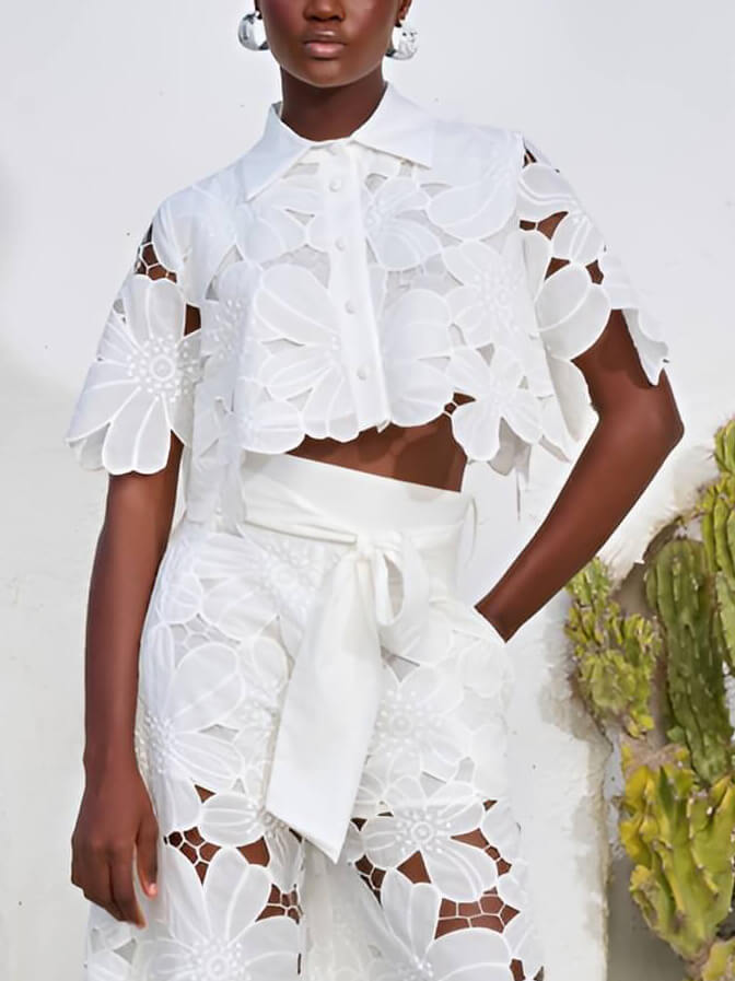 Elegant Floral Lace Wide-Leg Pants with Delicate Embroidered Detailing