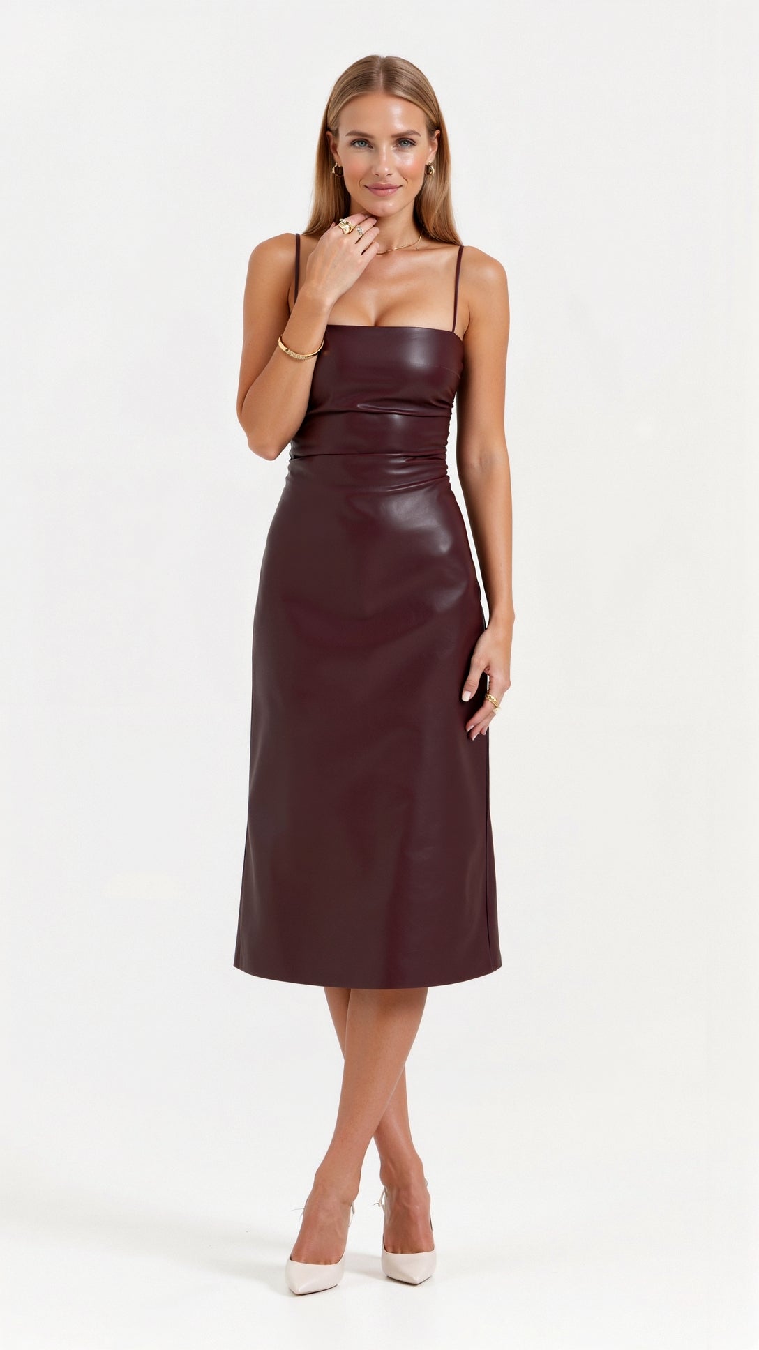 Midnight Bloom Vegan Leather Midi Slip Dress