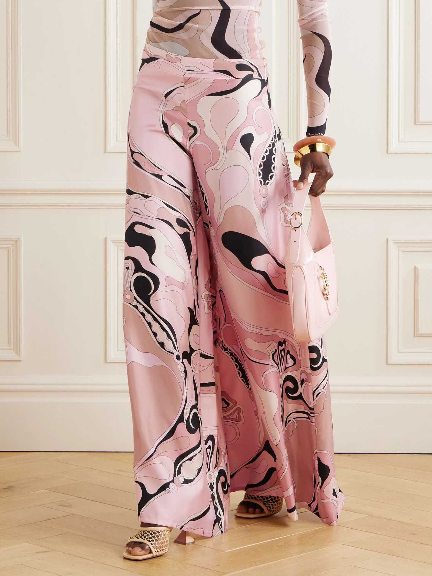 Pink Vintage-Inspired Abstract Floral Wide-Leg Pants