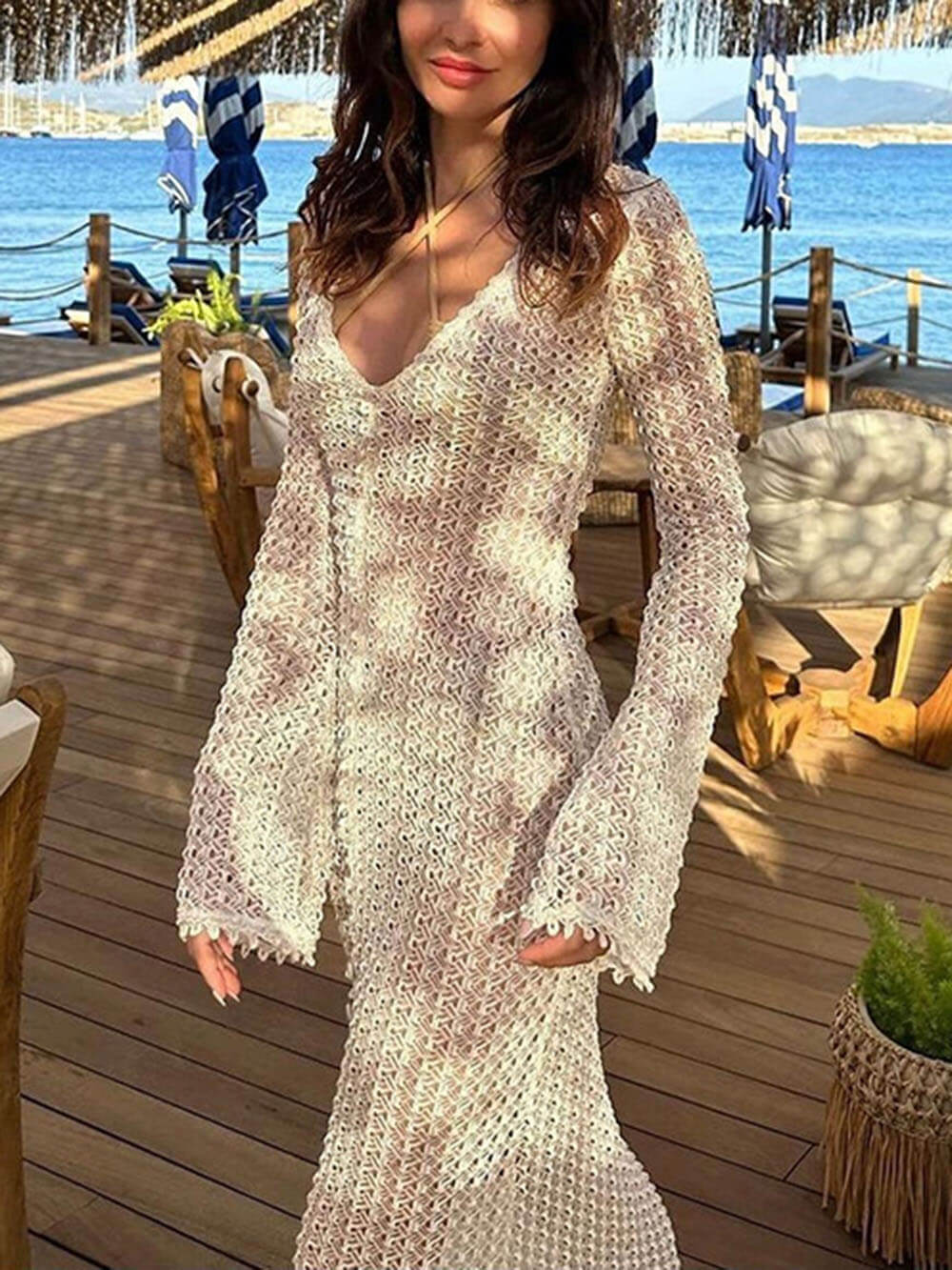 White Knit V-Neck Beach Maxi Dress