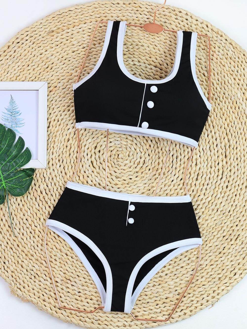Black and White Button Detail High Waist Bikini Set