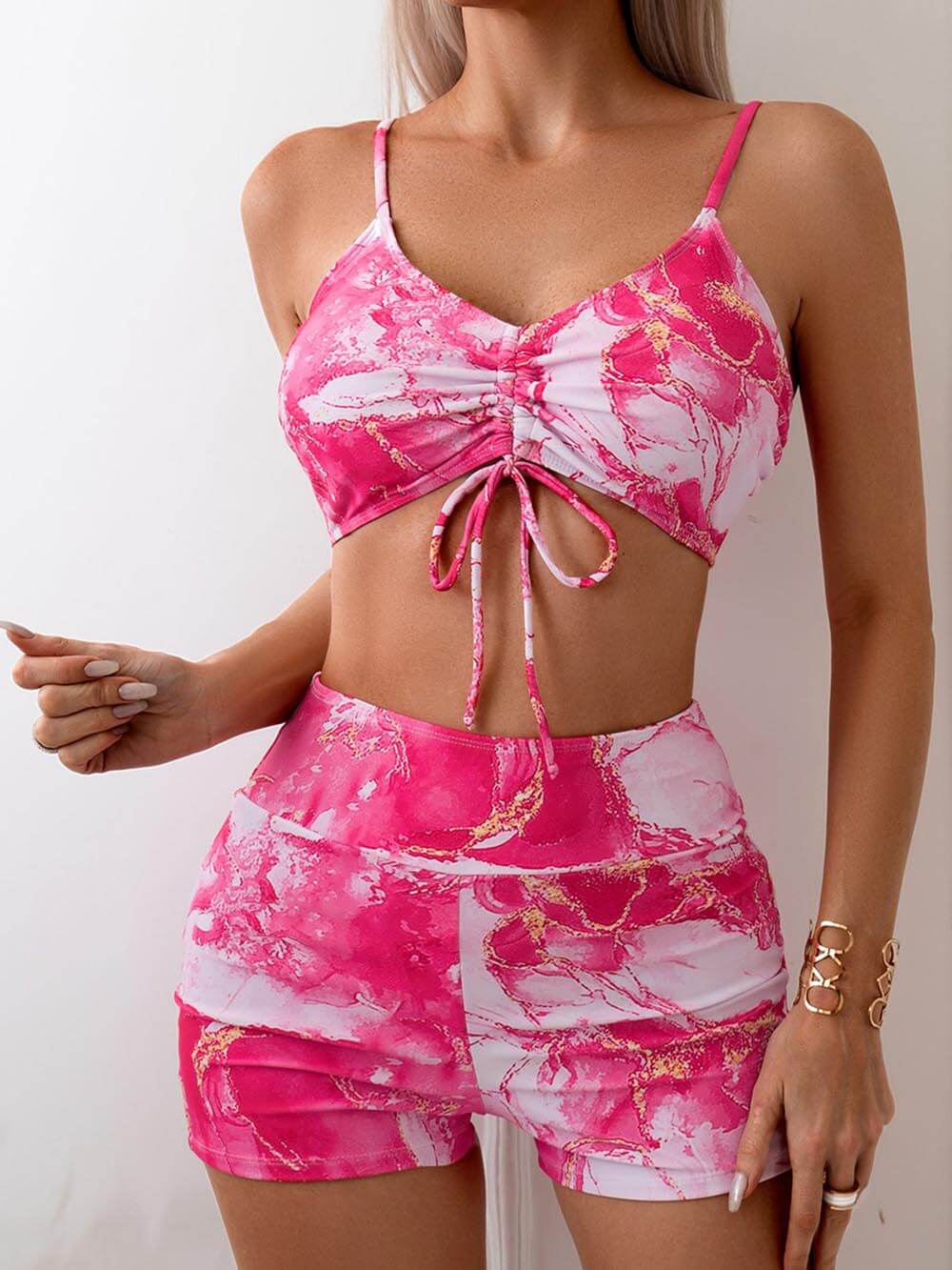 Tie-Dye Print Three-Piece Bikini Set with Shorts