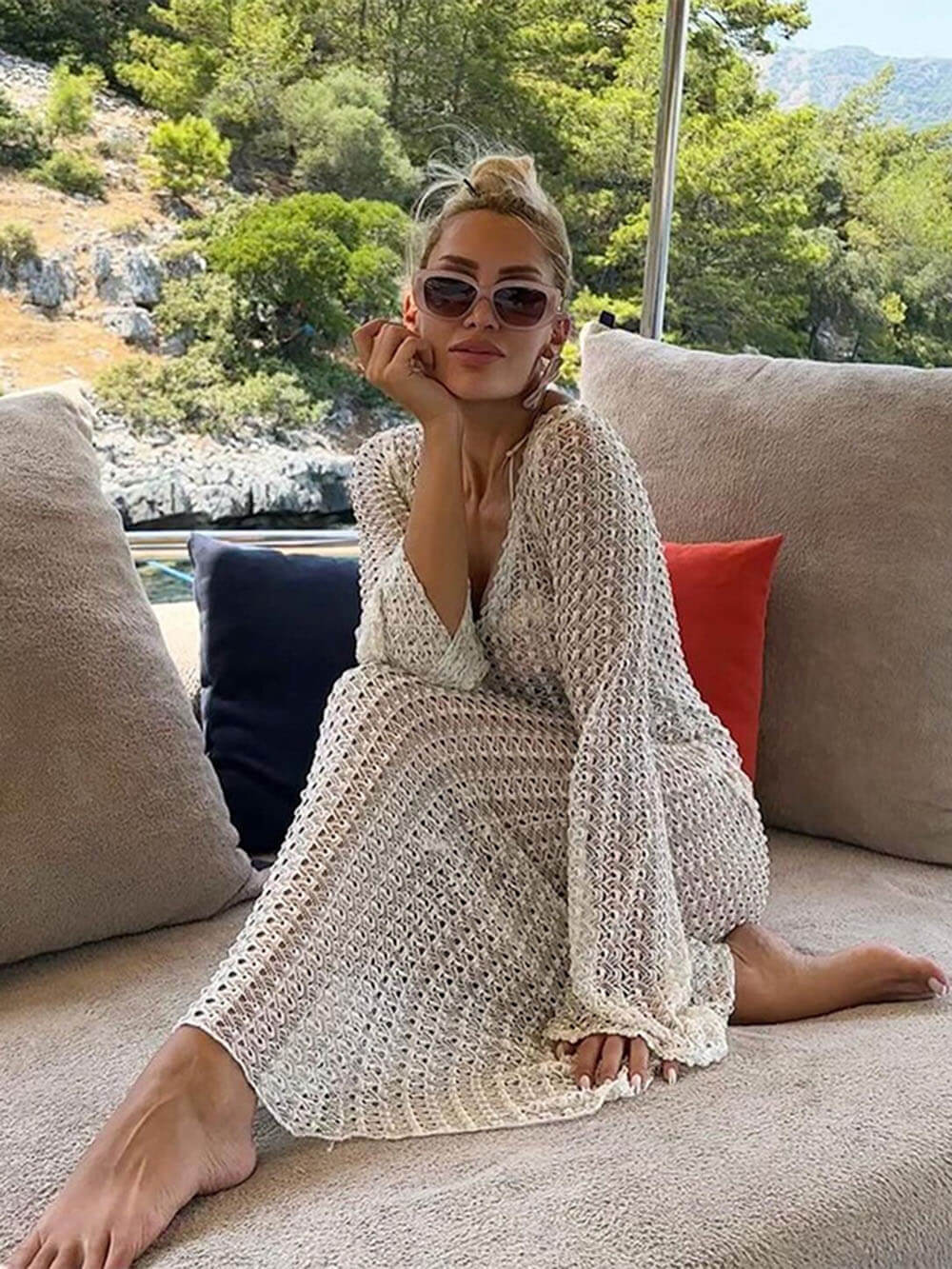 White Knit V-Neck Beach Maxi Dress