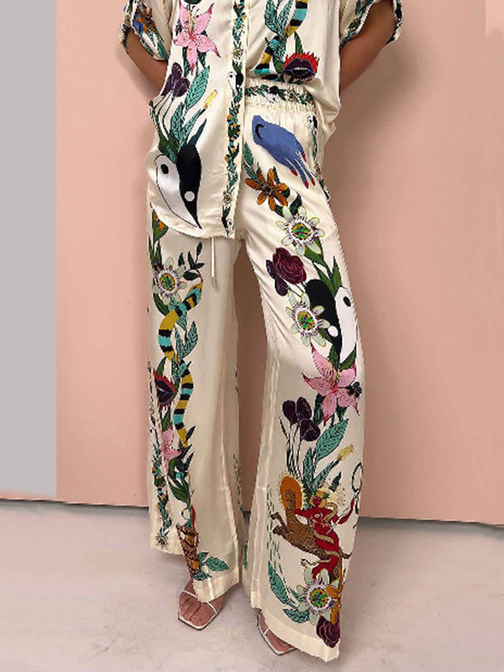 Elegant Satin Wide-Leg Pants with Artistic Print and Elastic Waist