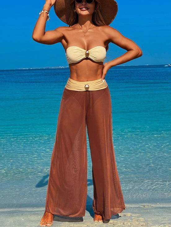 Bandeau Bikini with Sheer Wide Leg Pants Set