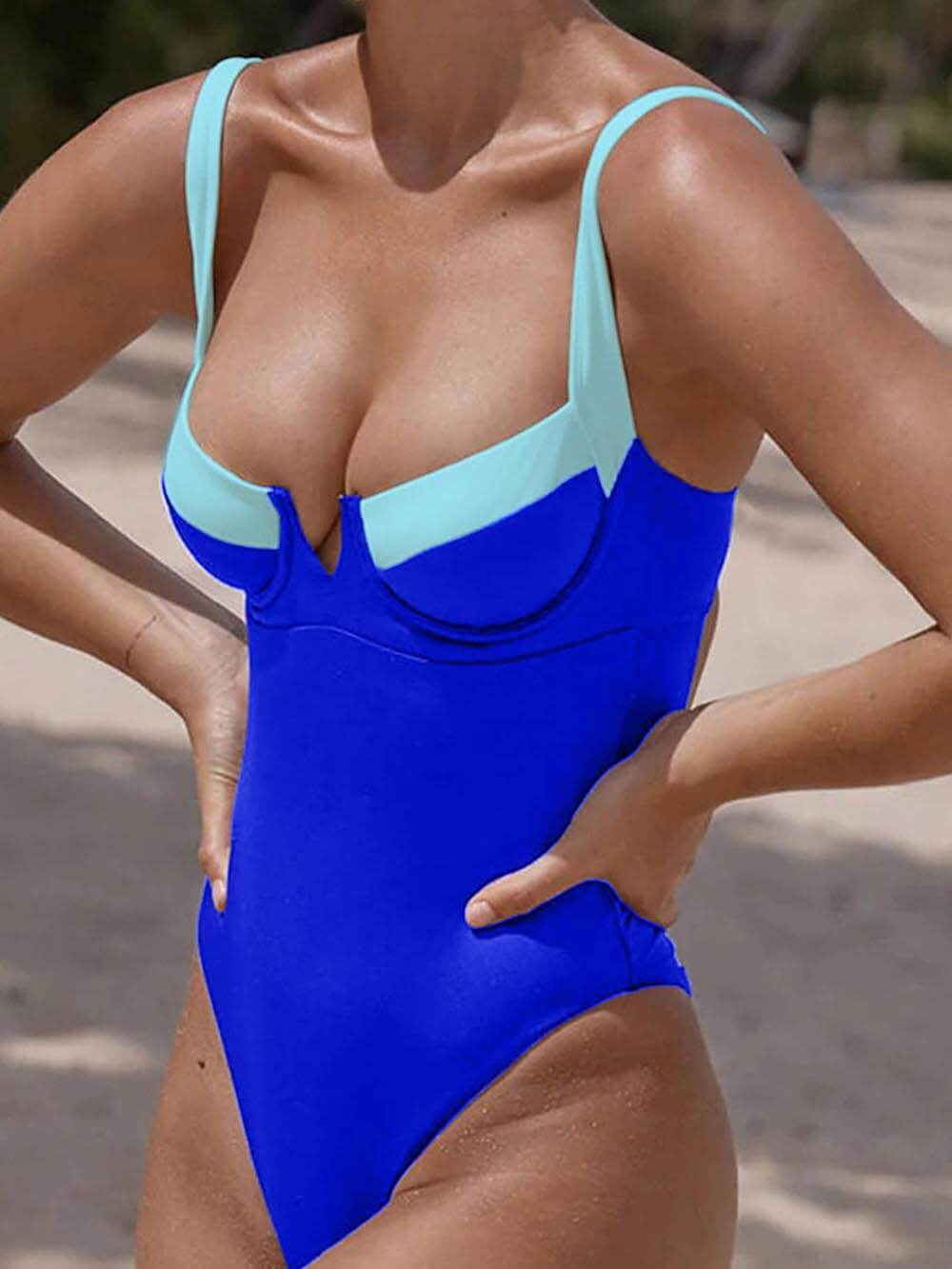 One Piece Coastal Patchwork U-Neck Swimsuit