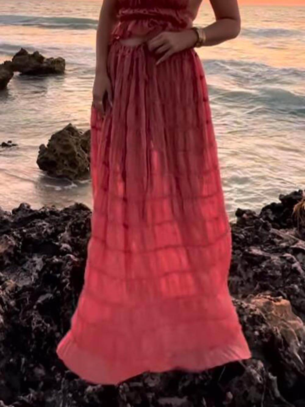 Elegant Pleated Tiered Maxi Skirt with Adjustable Drawstring Waist