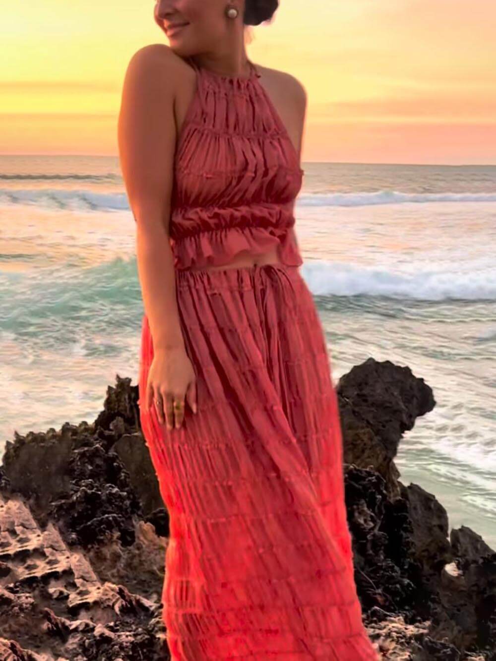 Elegant Pleated Tiered Maxi Skirt with Adjustable Drawstring Waist