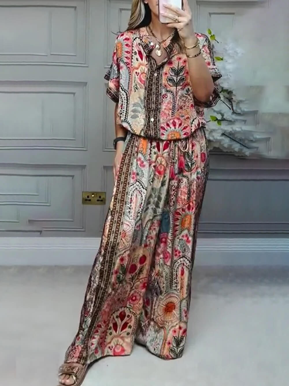 Bohemian Print Wide-Leg Pants with Tassel Accents and Elastic Waist
