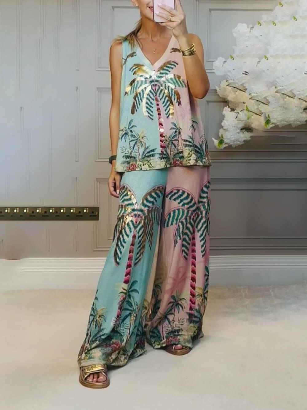 Tropical Palm Print Wide-Leg Pants with Comfortable Elastic Waist