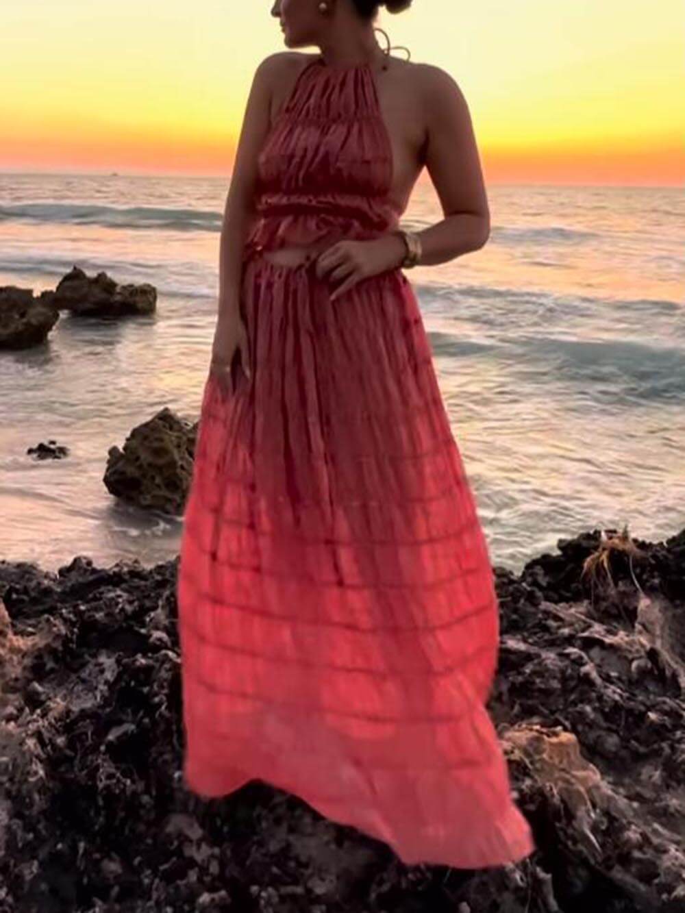 Elegant Pleated Tiered Maxi Skirt with Adjustable Drawstring Waist