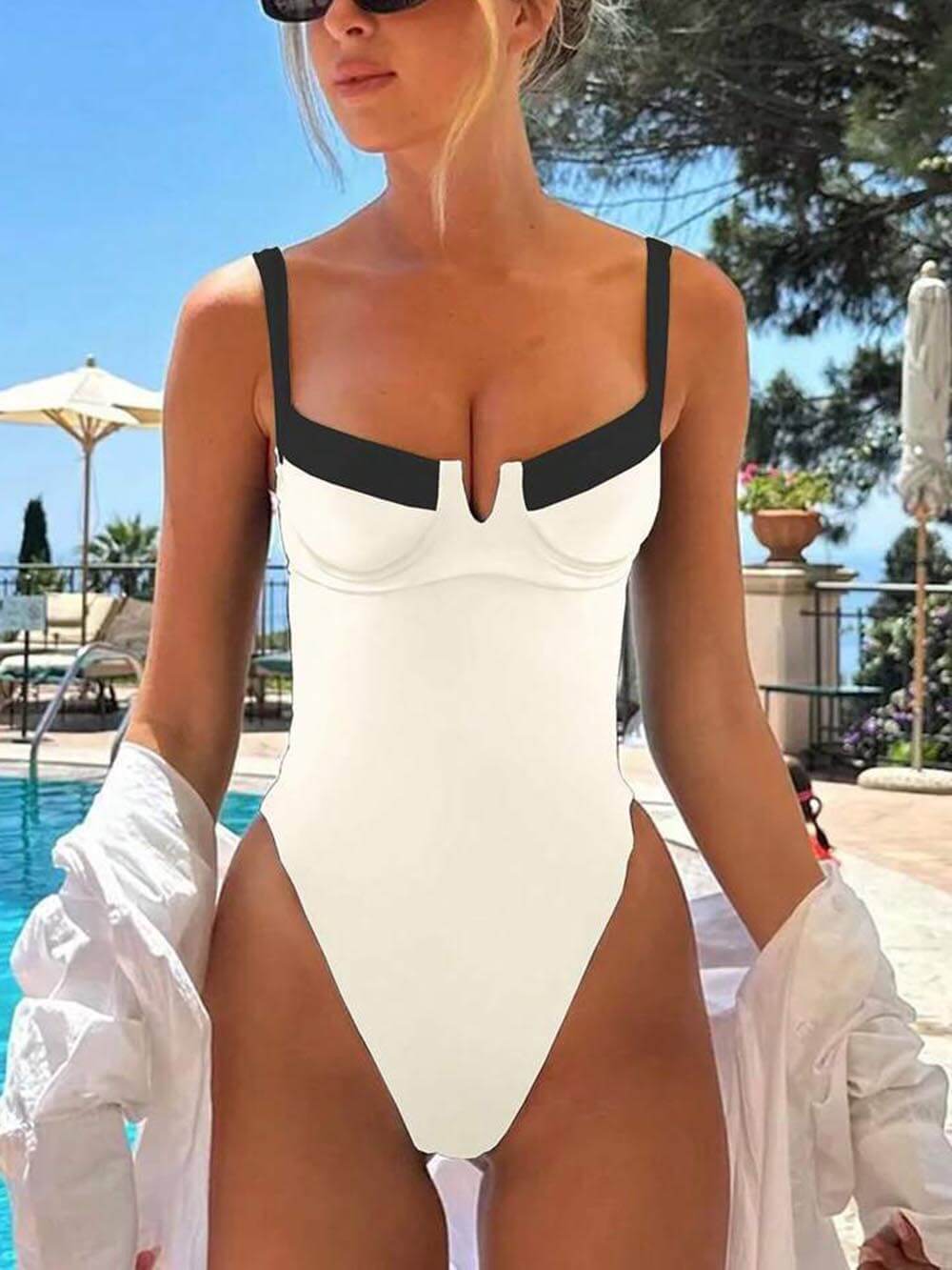 One Piece Coastal Patchwork U-Neck Swimsuit