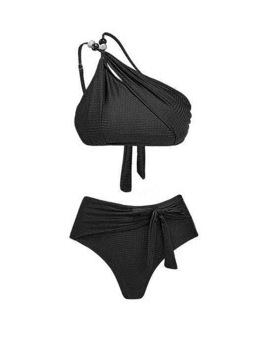 One-Shoulder Beaded Bikini High Waist Two-Piece Set