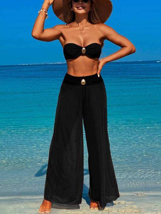 Bandeau Bikini with Sheer Wide Leg Pants Set
