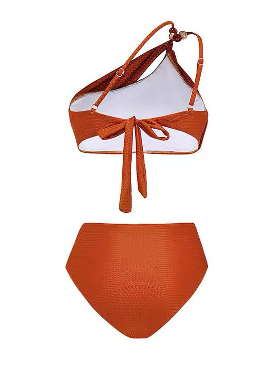 One-Shoulder Beaded Bikini High Waist Two-Piece Set