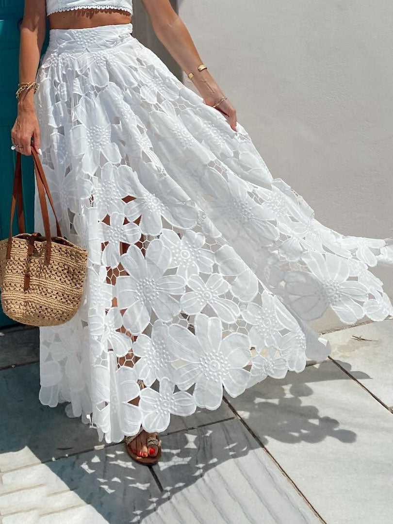 White Romantic Floral Lace Maxi Skirt with Delicate Hollow Detailing