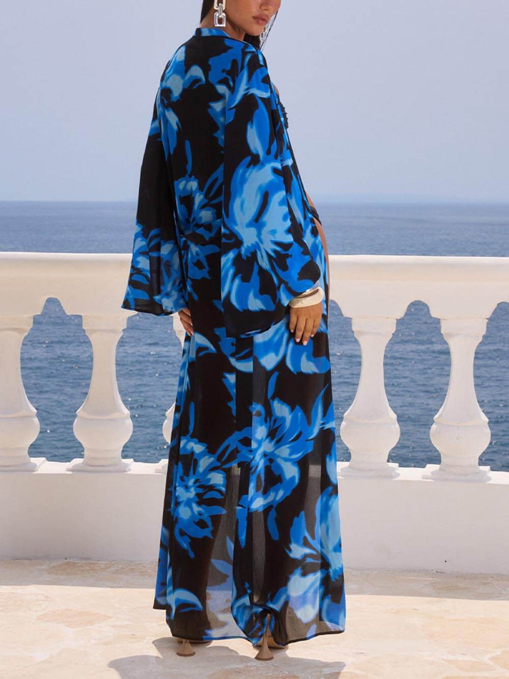 Vibrant Blue Agave Print Maxi Beach Cover-Up