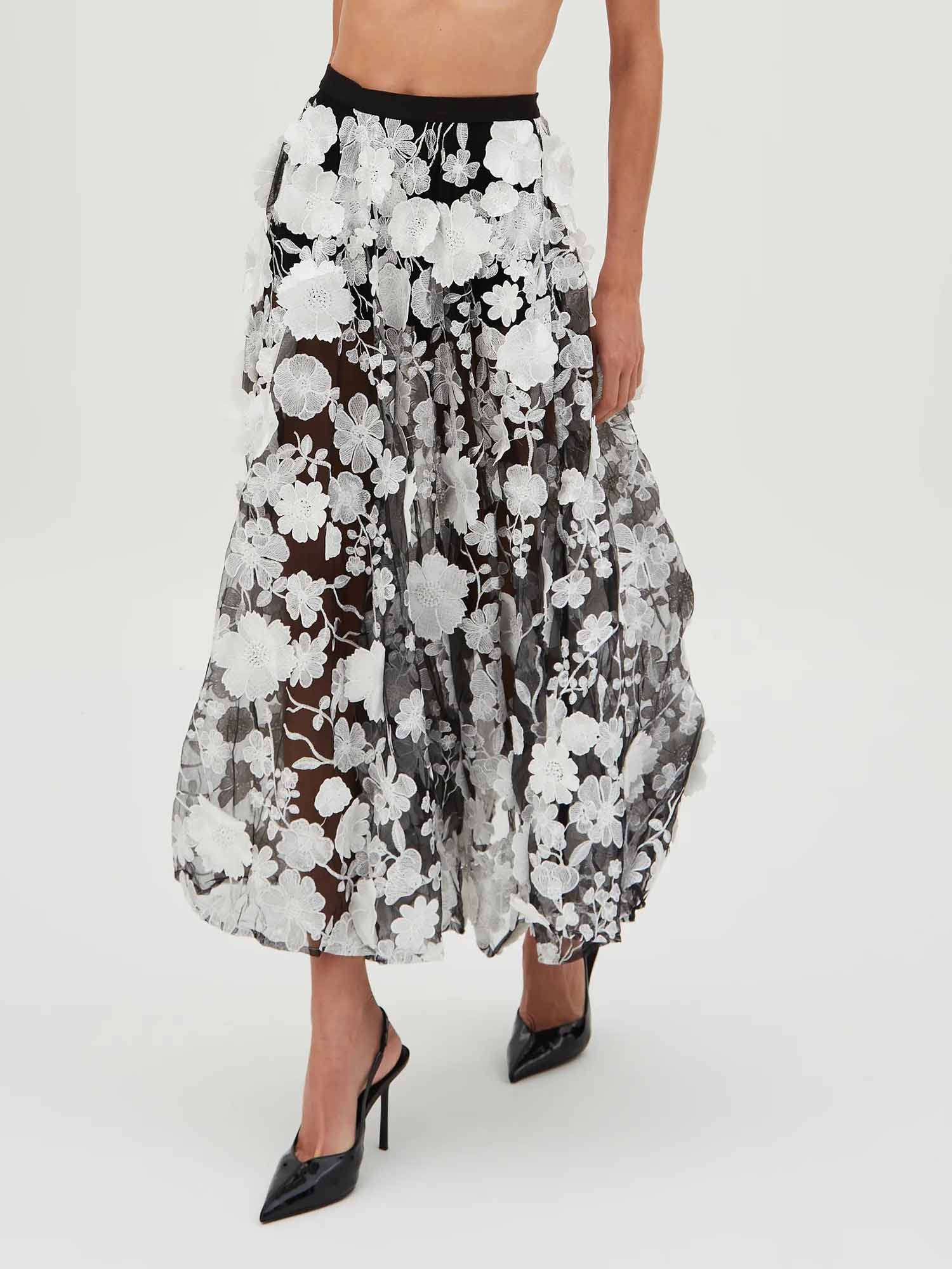 Elegant Sheer Maxi Skirt with Delicate Floral Embroidery