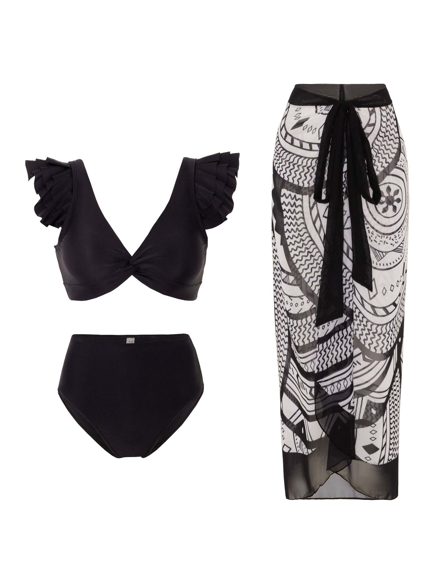 Black Printed Three-Piece Bikini Set with Cover-Up Skirt