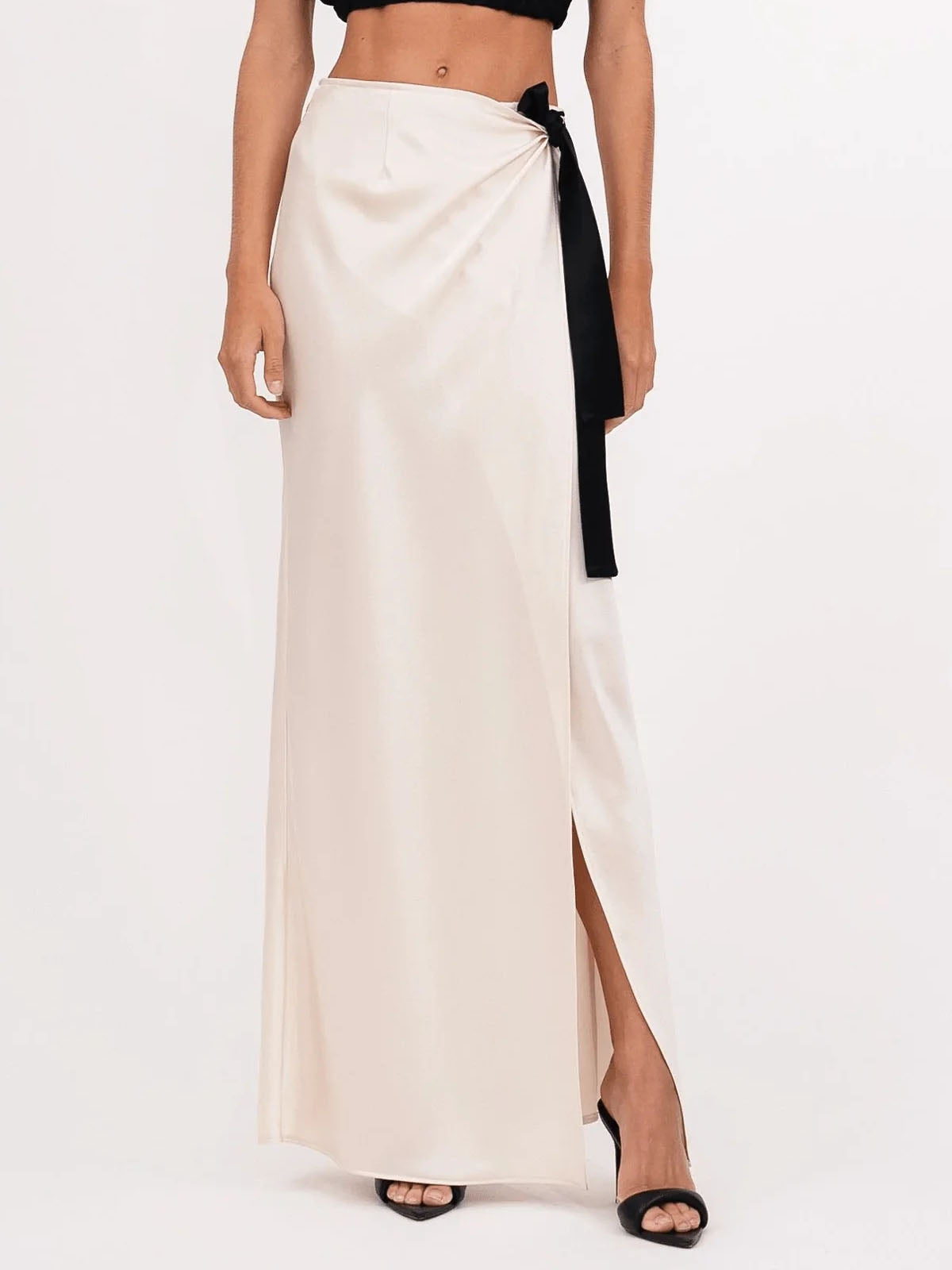 Chic Satin Midi Skirt with Side Tie and Subtle Slit