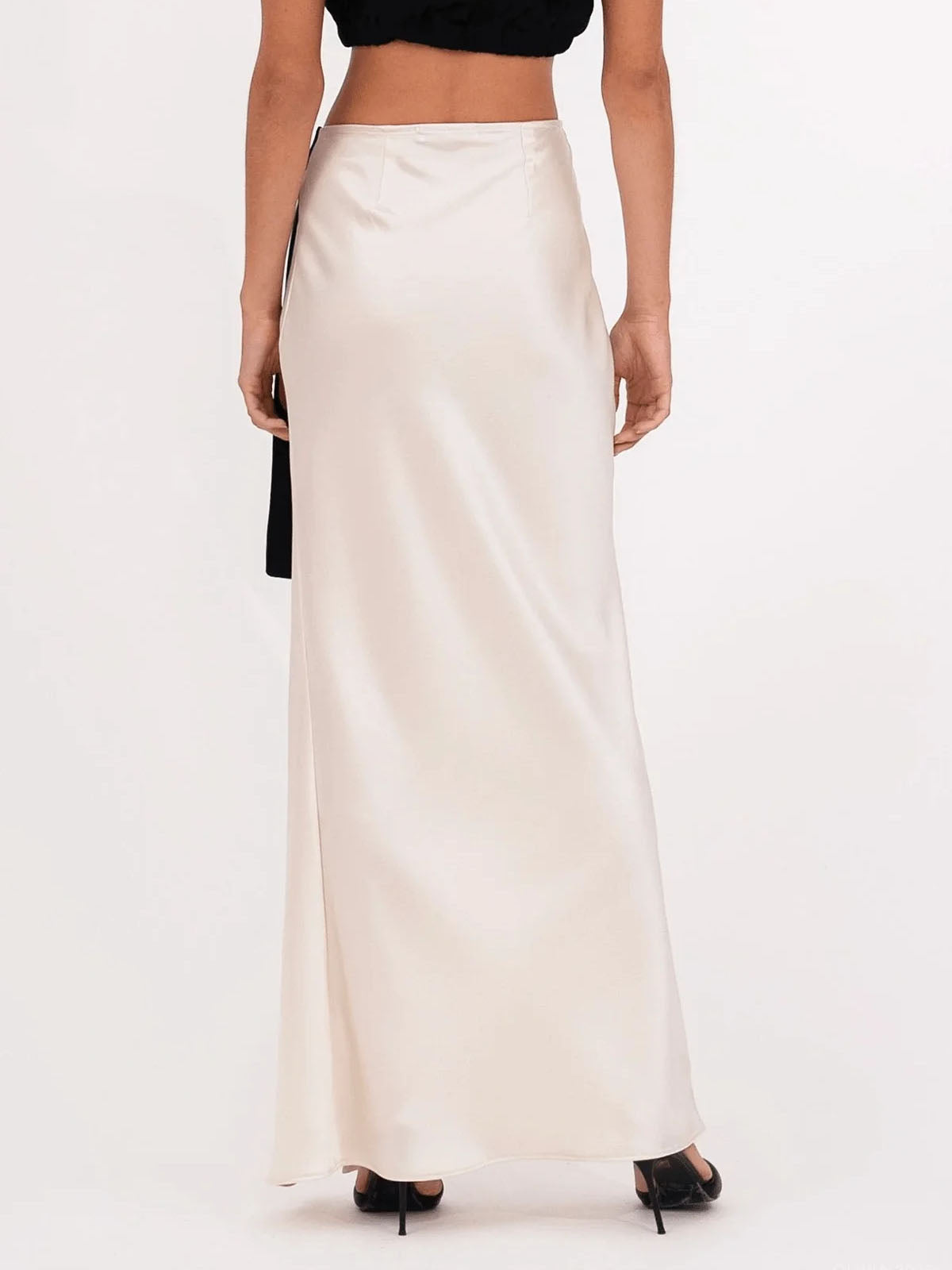 Chic Satin Midi Skirt with Side Tie and Subtle Slit
