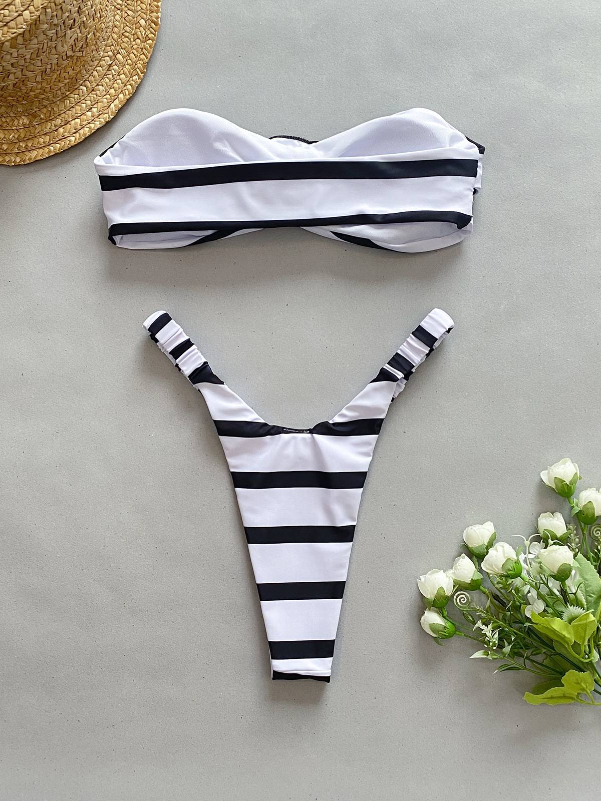 Elegant White Striped Bandeau Bikini with Floral Accent