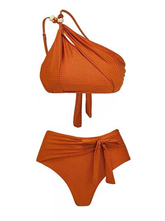 One-Shoulder Beaded Bikini High Waist Two-Piece Set