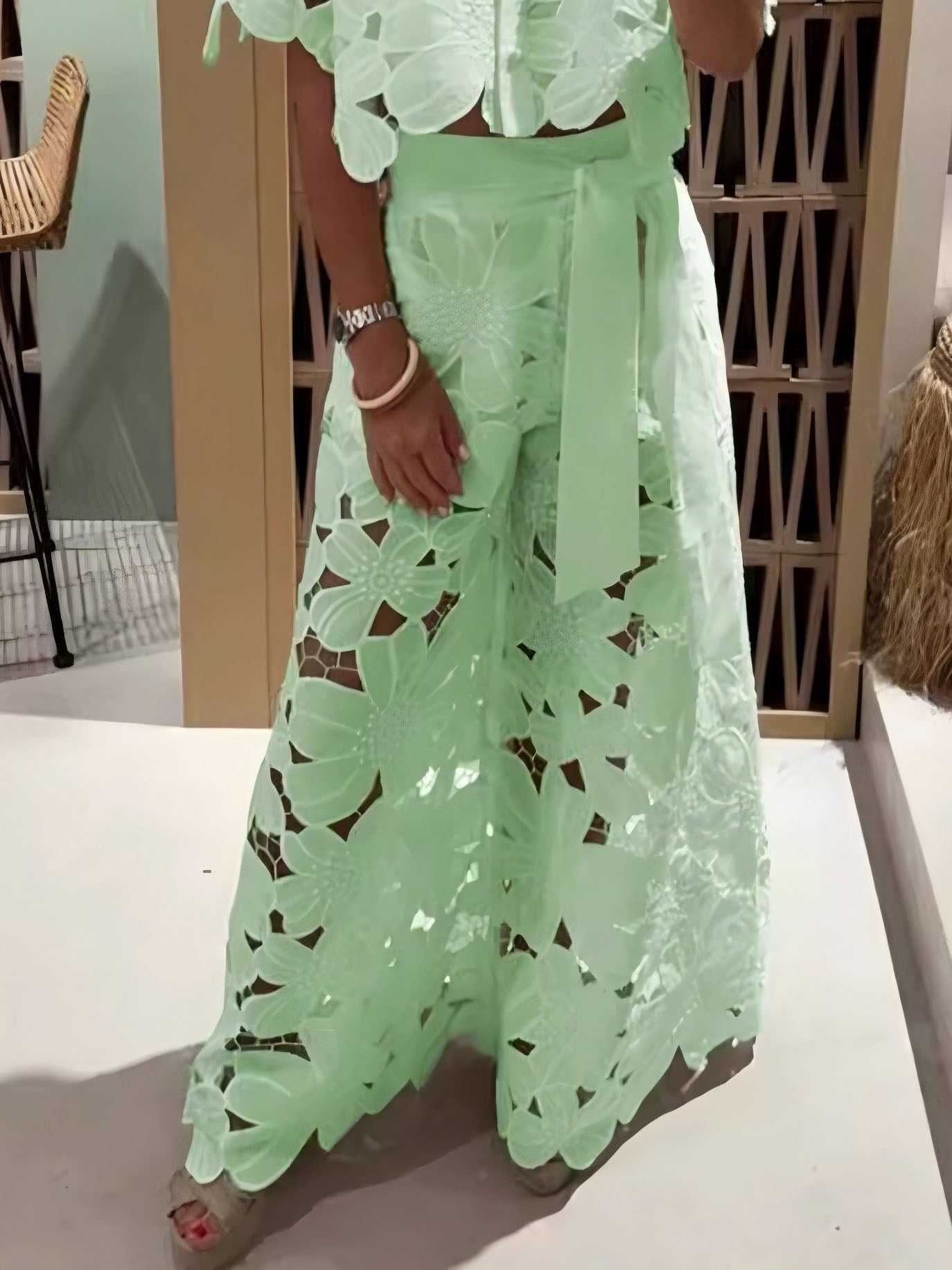 Elegant Floral Lace Wide-Leg Pants with Delicate Embroidered Detailing