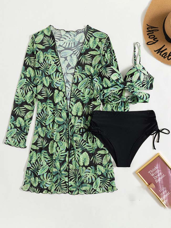 Tropical Print High Waist Three-Piece Swimsuit with Cover-Up