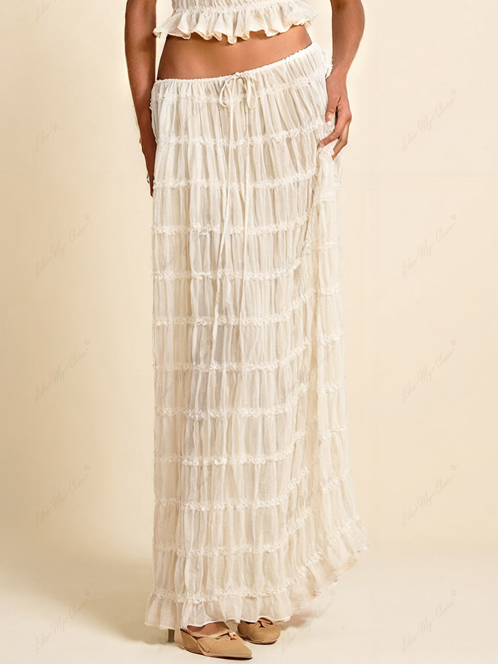 Elegant Pleated Tiered Maxi Skirt with Adjustable Drawstring Waist