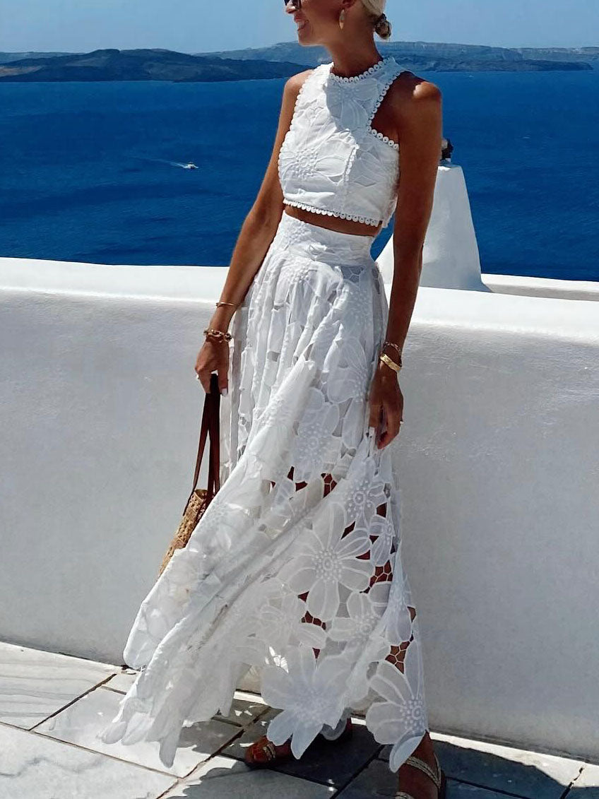 White Romantic Floral Lace Maxi Skirt with Delicate Hollow Detailing