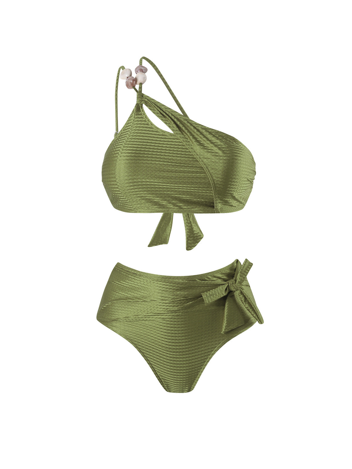 One-Shoulder Beaded Bikini High Waist Two-Piece Set