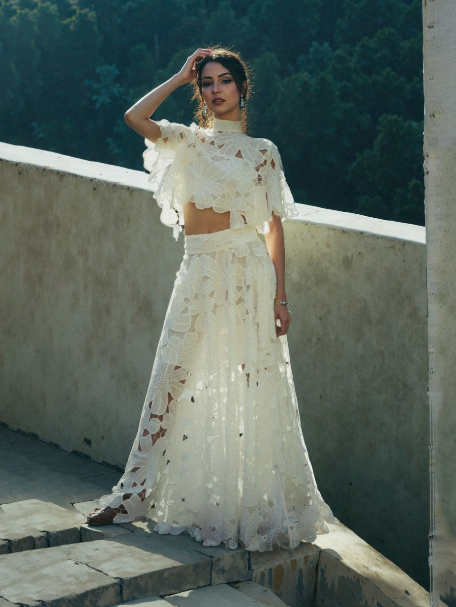 White Romantic Floral Lace Maxi Skirt with Delicate Hollow Detailing