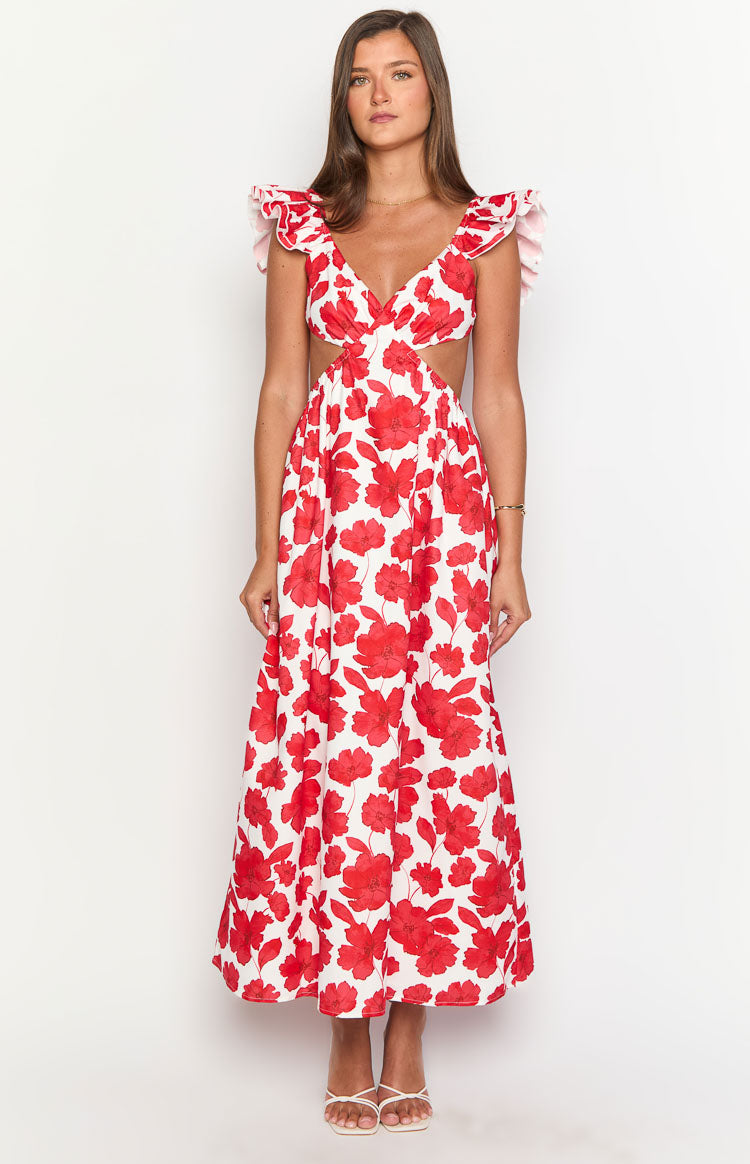 Kaden Red Anemone Floral Print Maxi Dress