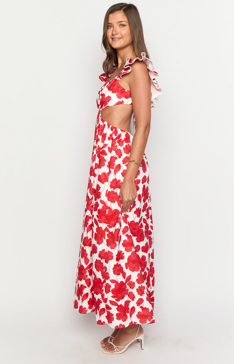 Kaden Red Anemone Floral Print Maxi Dress